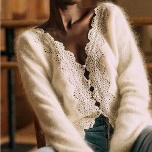 Sezane Cream Astride Lace-trimmed Sweater